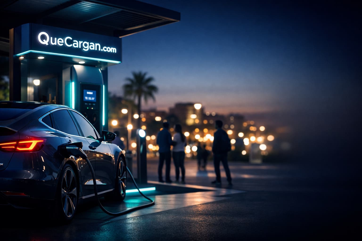 Carga de vehículo eléctrico al atardecer