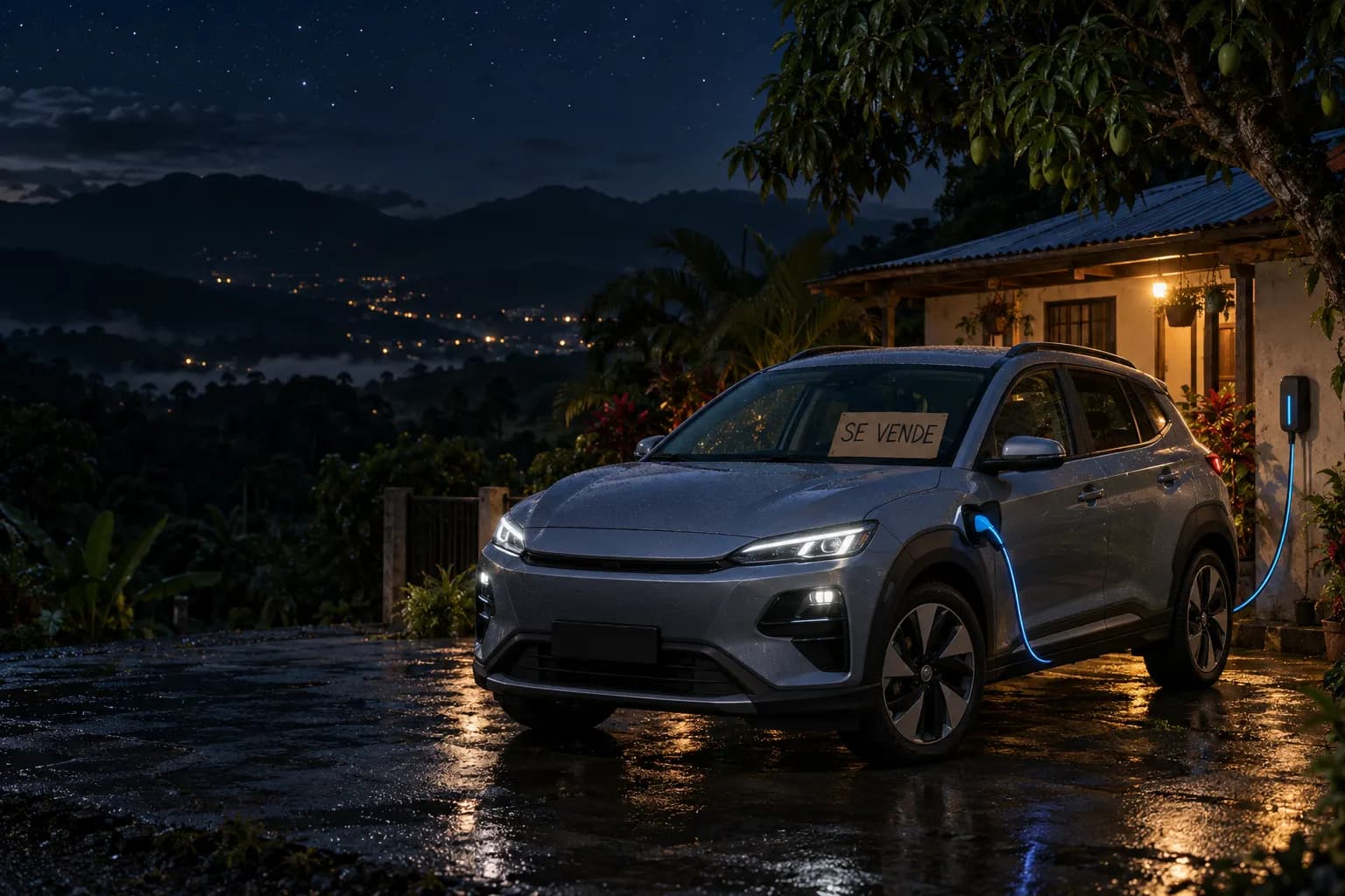 Un eléctrico usado cargando de noche frente a una casa tica, con un rótulo de «Se vende» en el parabrisas.